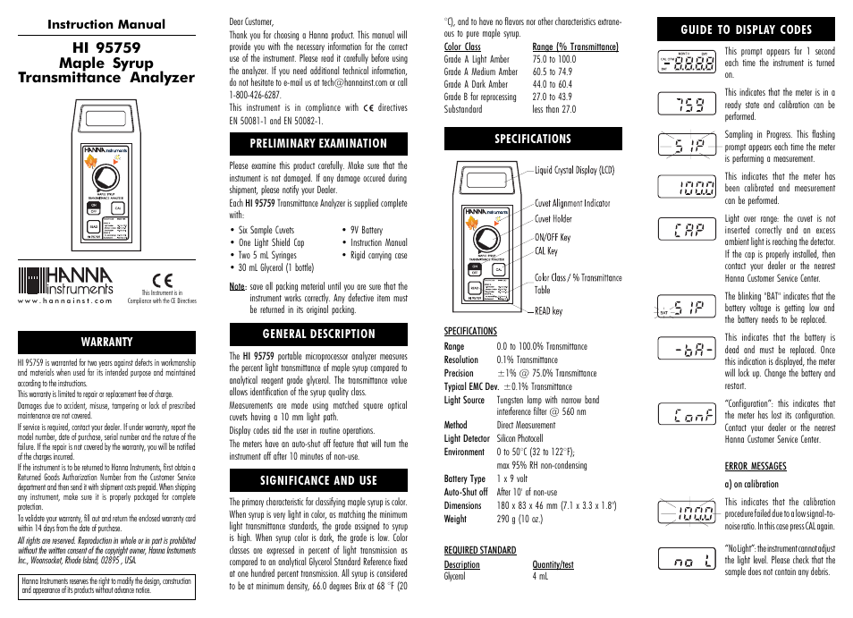 Hanna Instruments HI 95759 User Manual | 2 pages