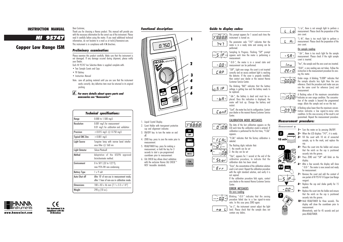 Hanna Instruments HI 95747 User Manual | 2 pages