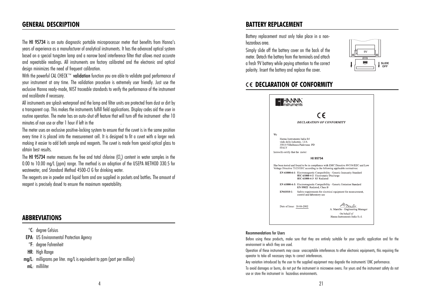 General description abbreviations, Battery replacement declaration of conformity | Hanna Instruments HI 95734 User Manual | Page 4 / 12