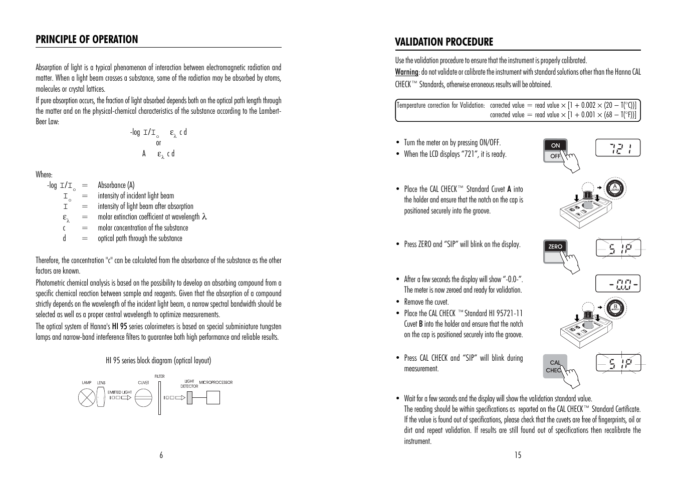 Principle of operation, Validation procedure | Hanna Instruments HI 95721 User Manual | Page 6 / 10