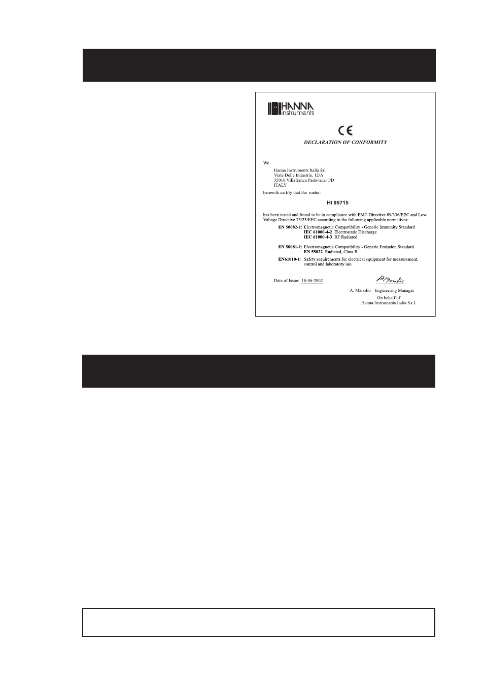 Ce declaration of conformity warranty | Hanna Instruments HI 95715 User Manual | Page 19 / 20