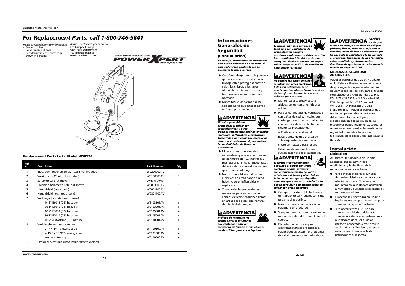 Instalación, Informaciones generales de seguridad, Advertencia | Campbell Hausfeld WS0970 User Manual | Page 10 / 18
