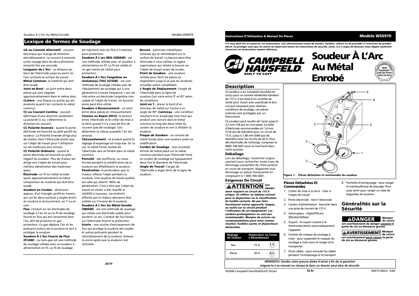 Soudeur à l’arc au métal enrobé, Attention, Lexique de termes de soudage | Description, Généralités sur la sécurité, Danger | Campbell Hausfeld WS0970 User Manual | Page 13 / 18