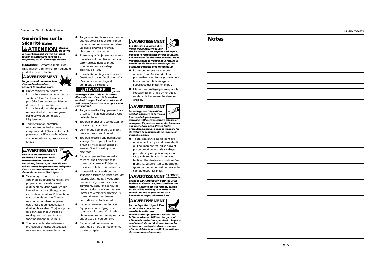 Attention, Généralités sur la sécurité, Danger | Campbell Hausfeld WS0970 User Manual | Page 14 / 18