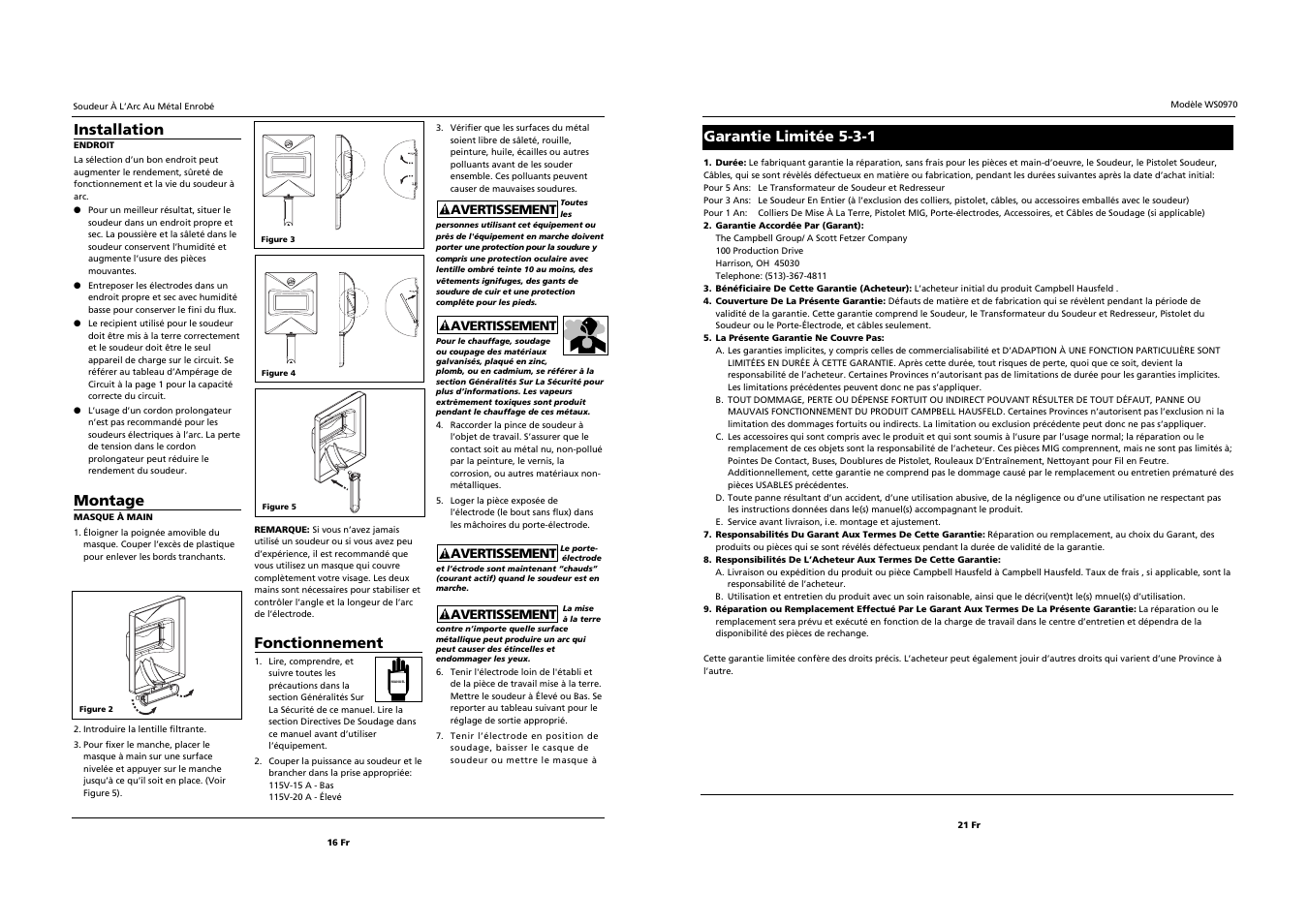 Garantie limitée 5-3-1, Fonctionnement, Installation | Montage | Campbell Hausfeld WS0970 User Manual | Page 16 / 18