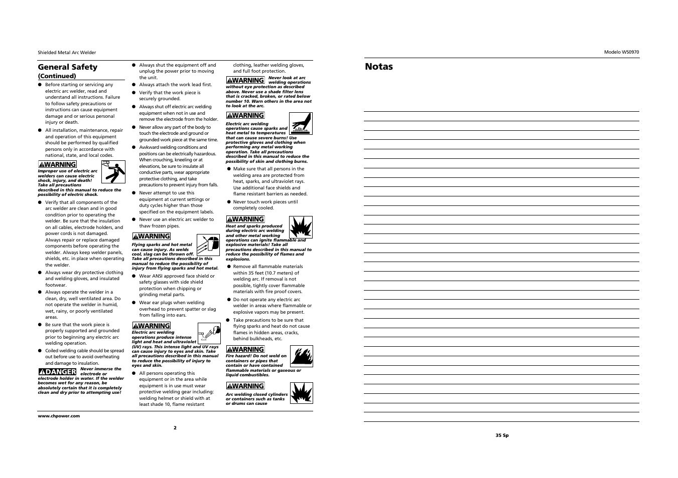 Notas, General safety, Danger | Campbell Hausfeld WS0970 User Manual | Page 2 / 18