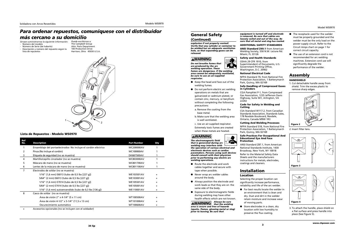 Assembly, General safety, Installation | Campbell Hausfeld WS0970 User Manual | Page 3 / 18