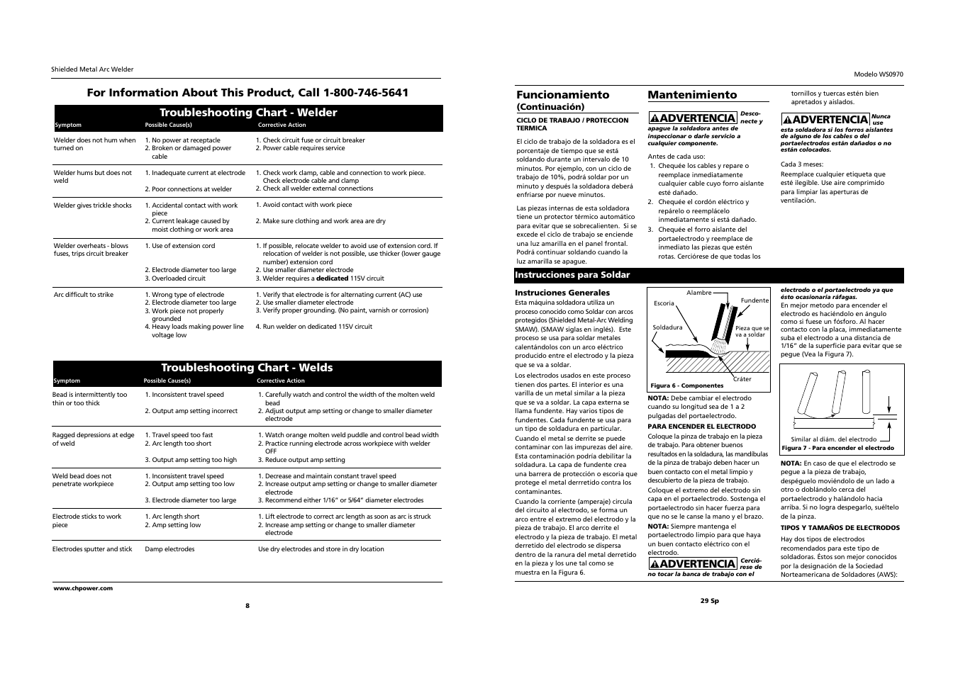 Funcionamiento, Mantenimiento, Troubleshooting chart - welder | Troubleshooting chart - welds, Advertencia | Campbell Hausfeld WS0970 User Manual | Page 8 / 18