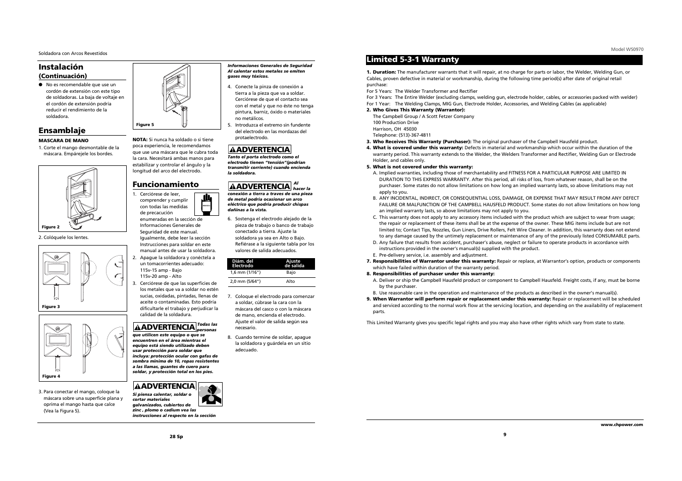 Instalación, Ensamblaje, Funcionamiento | Limited 5-3-1 warranty, Advertencia | Campbell Hausfeld WS0970 User Manual | Page 9 / 18