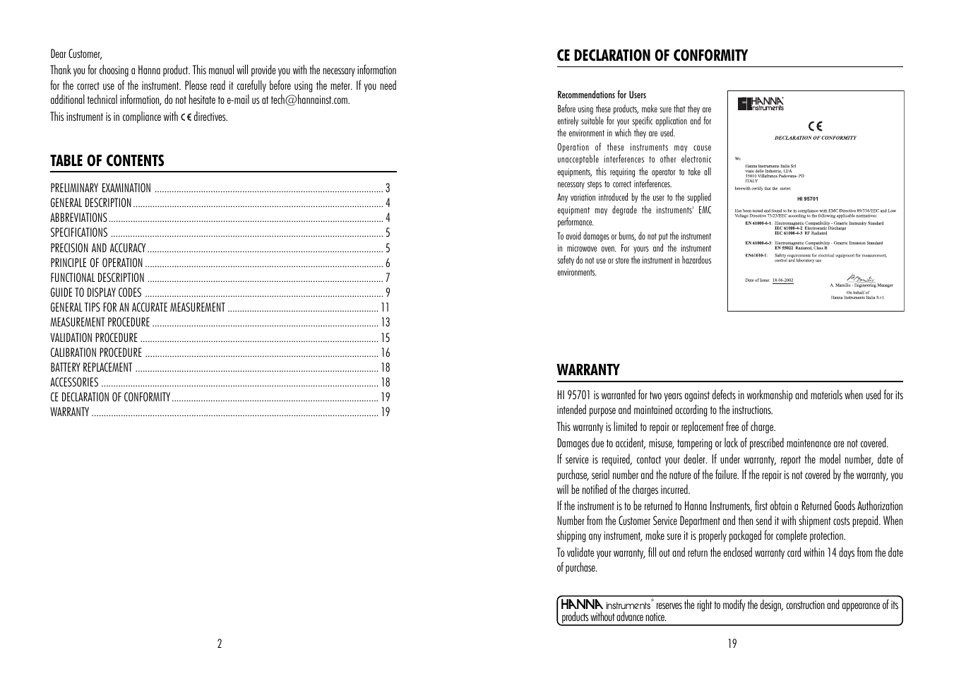 Hanna Instruments HI 95701 User Manual | Page 2 / 10