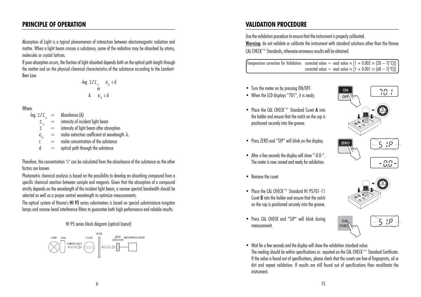 Principle of operation, Validation procedure | Hanna Instruments HI 95701 User Manual | Page 6 / 10