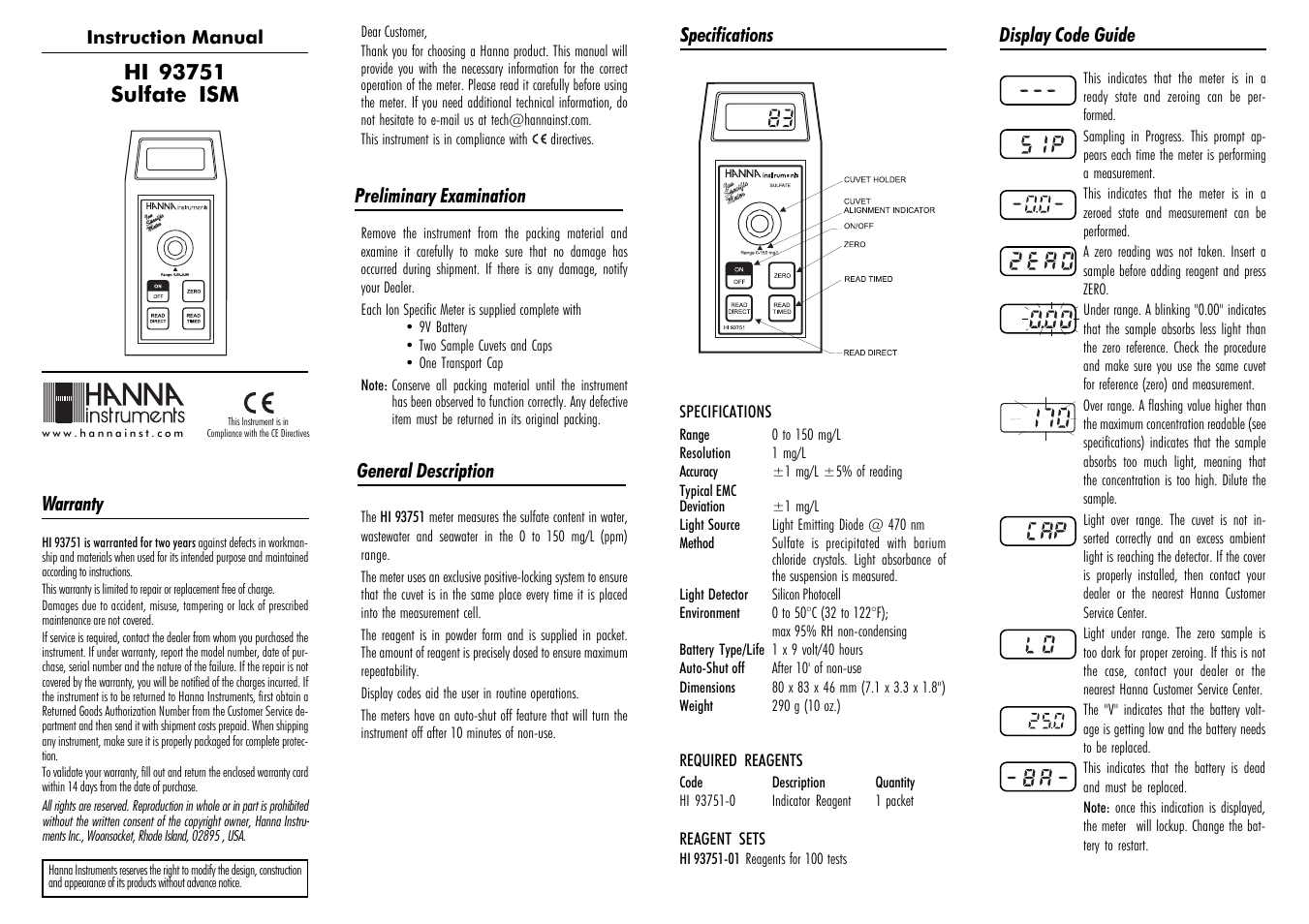 Hanna Instruments HI 93751 User Manual | 2 pages