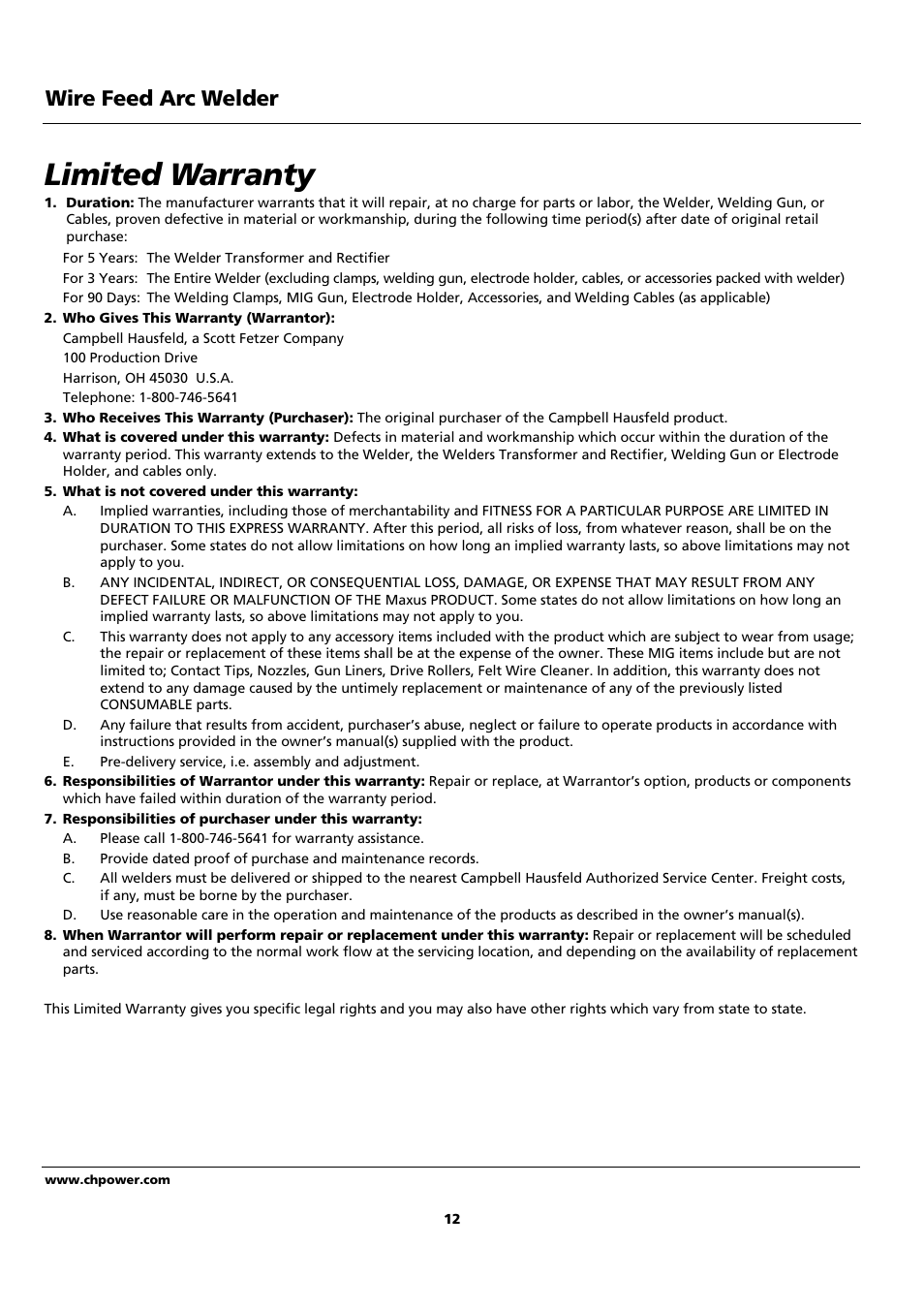 Limited warranty, Wire feed arc welder | Campbell Hausfeld WF2150 User Manual | Page 12 / 40