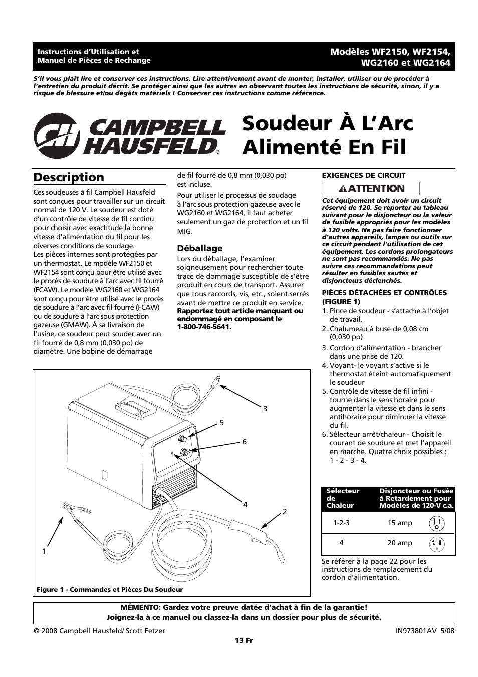 Soudeur à l’arc alimenté en fil, Description | Campbell Hausfeld WF2150 User Manual | Page 13 / 40