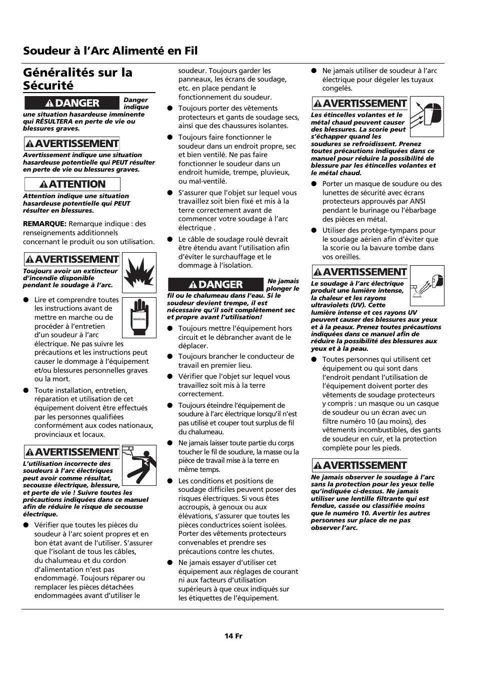 Généralités sur la sécurité, Soudeur à l’arc alimenté en fil | Campbell Hausfeld WF2150 User Manual | Page 14 / 40