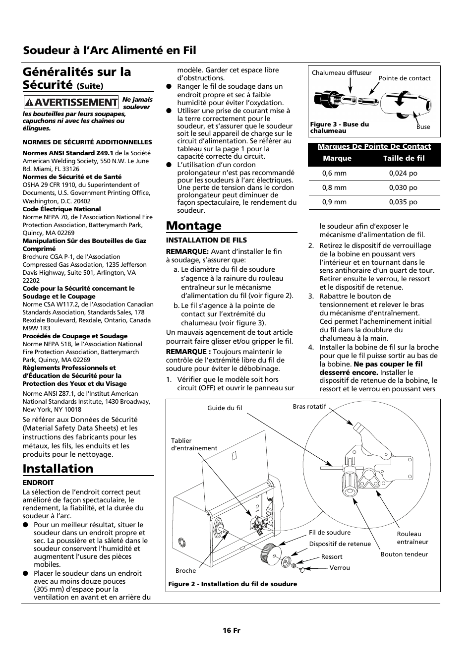 Montage, Généralités sur la sécurité, Installation | Soudeur à l’arc alimenté en fil | Campbell Hausfeld WF2150 User Manual | Page 16 / 40