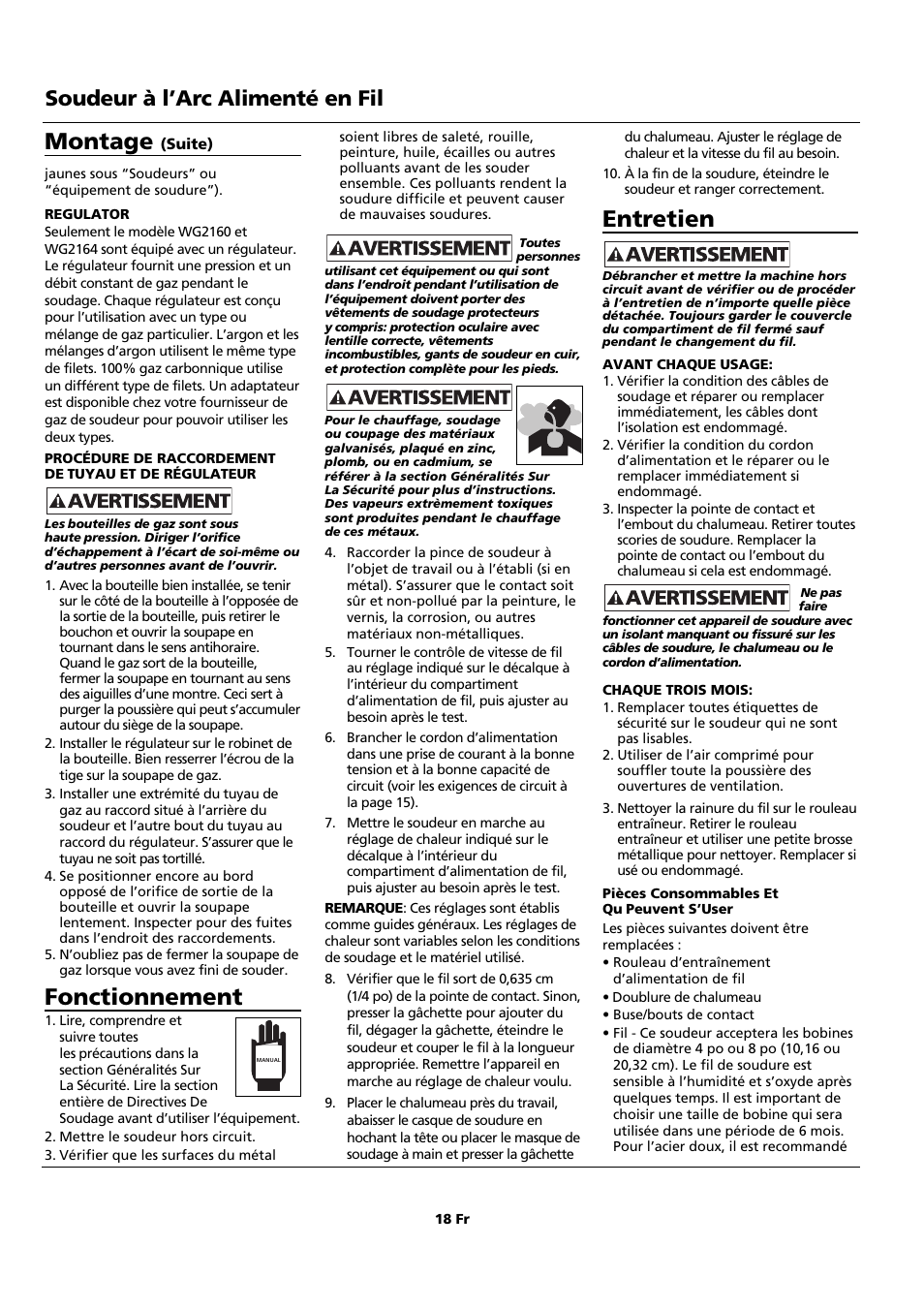 Fonctionnement, Entretien, Montage | Soudeur à l’arc alimenté en fil | Campbell Hausfeld WF2150 User Manual | Page 18 / 40