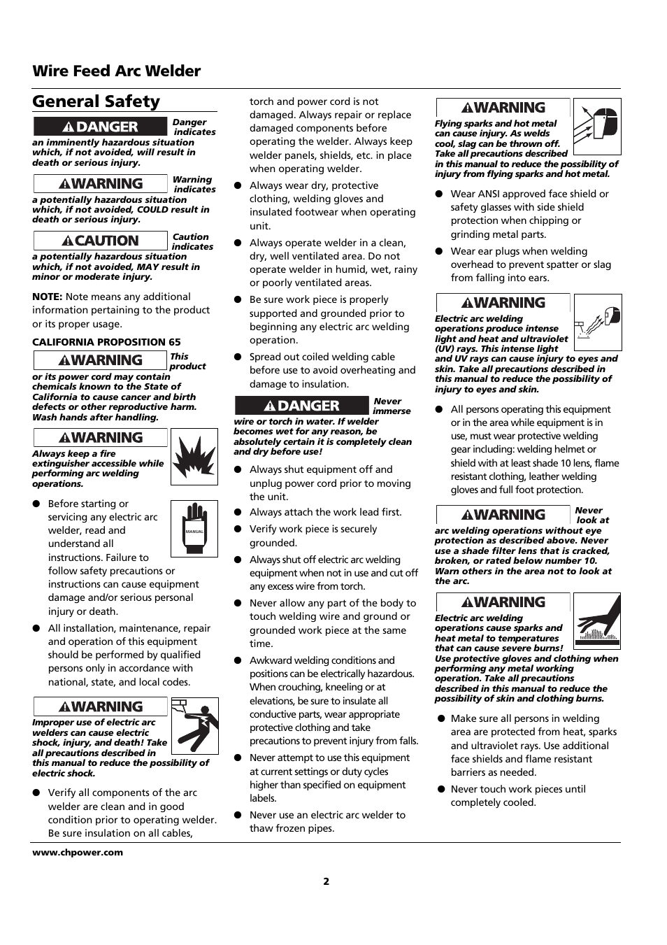 General safety, Wire feed arc welder | Campbell Hausfeld WF2150 User Manual | Page 2 / 40