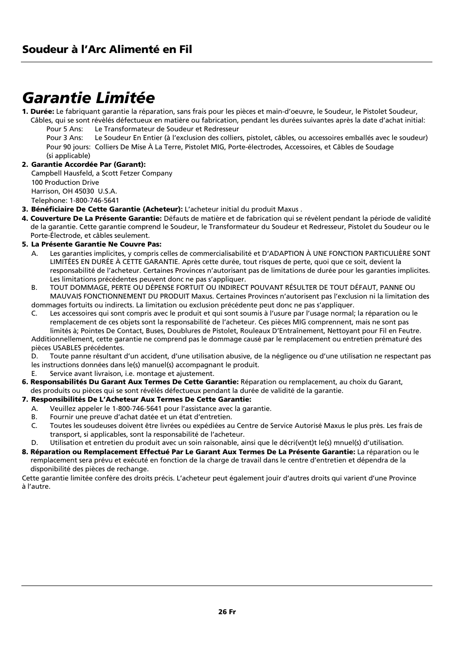 Garantie limitée, Soudeur à l’arc alimenté en fil | Campbell Hausfeld WF2150 User Manual | Page 26 / 40