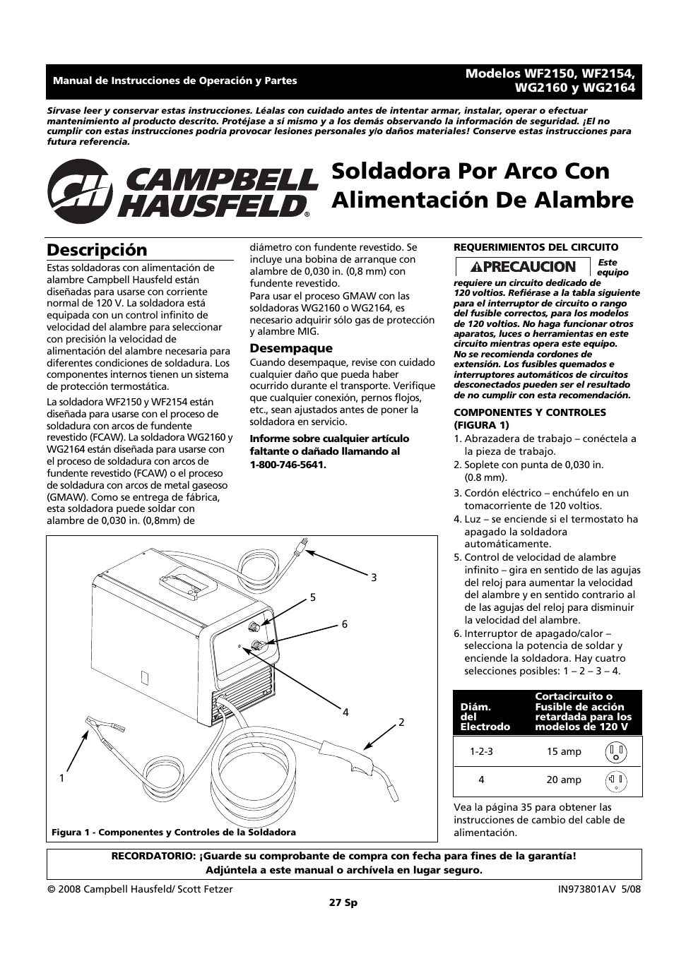 Soldadora por arco con alimentación de alambre, Descripción | Campbell Hausfeld WF2150 User Manual | Page 27 / 40