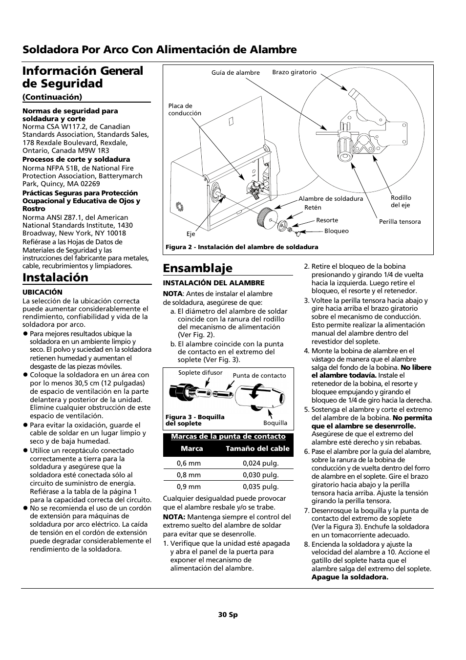 Ensamblaje, Instalación, Información general de seguridad | Soldadora por arco con alimentación de alambre | Campbell Hausfeld WF2150 User Manual | Page 30 / 40