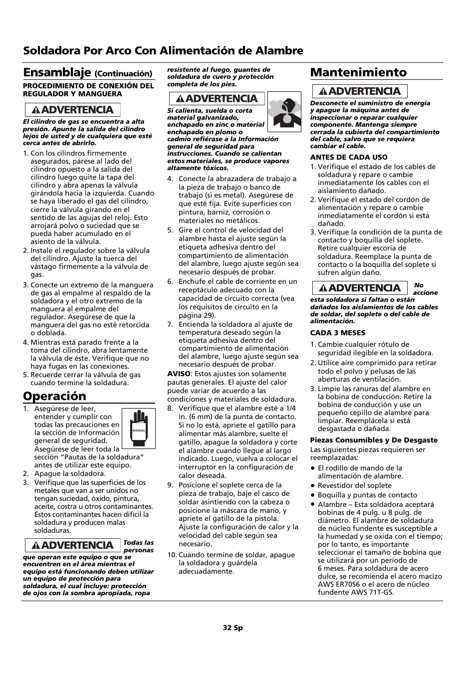 Operación, Mantenimiento, Ensamblaje | Soldadora por arco con alimentación de alambre | Campbell Hausfeld WF2150 User Manual | Page 32 / 40