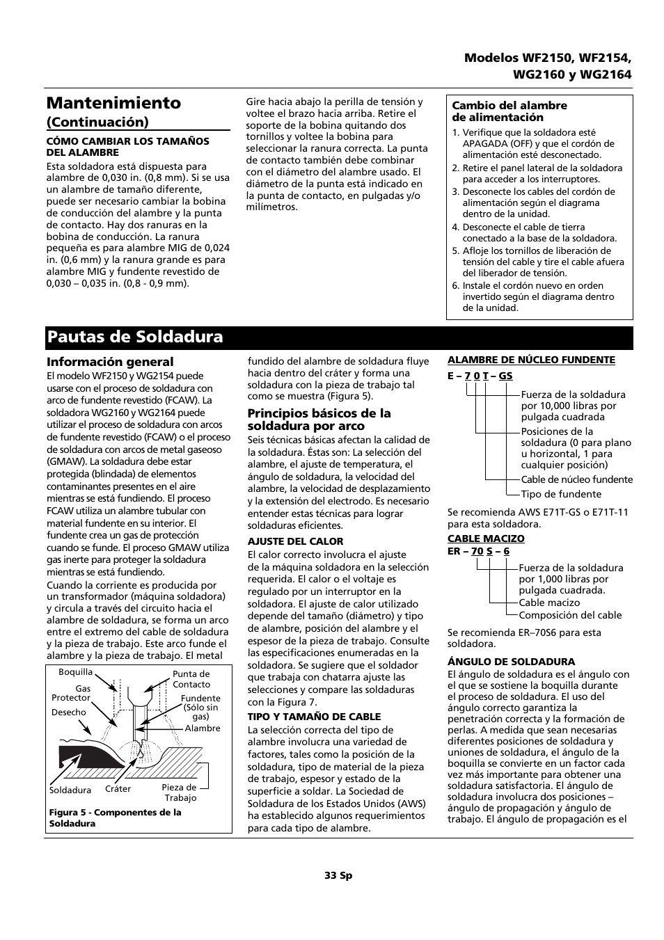 Mantenimiento, Pautas de soldadura, Continuación) | Campbell Hausfeld WF2150 User Manual | Page 33 / 40
