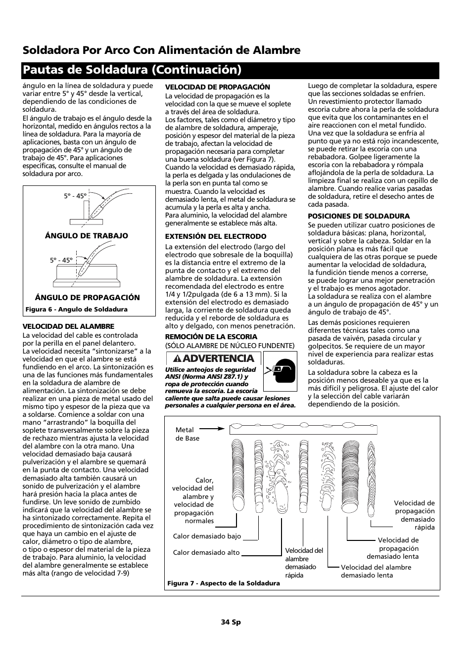 Pautas de soldadura (continuación), Soldadora por arco con alimentación de alambre | Campbell Hausfeld WF2150 User Manual | Page 34 / 40