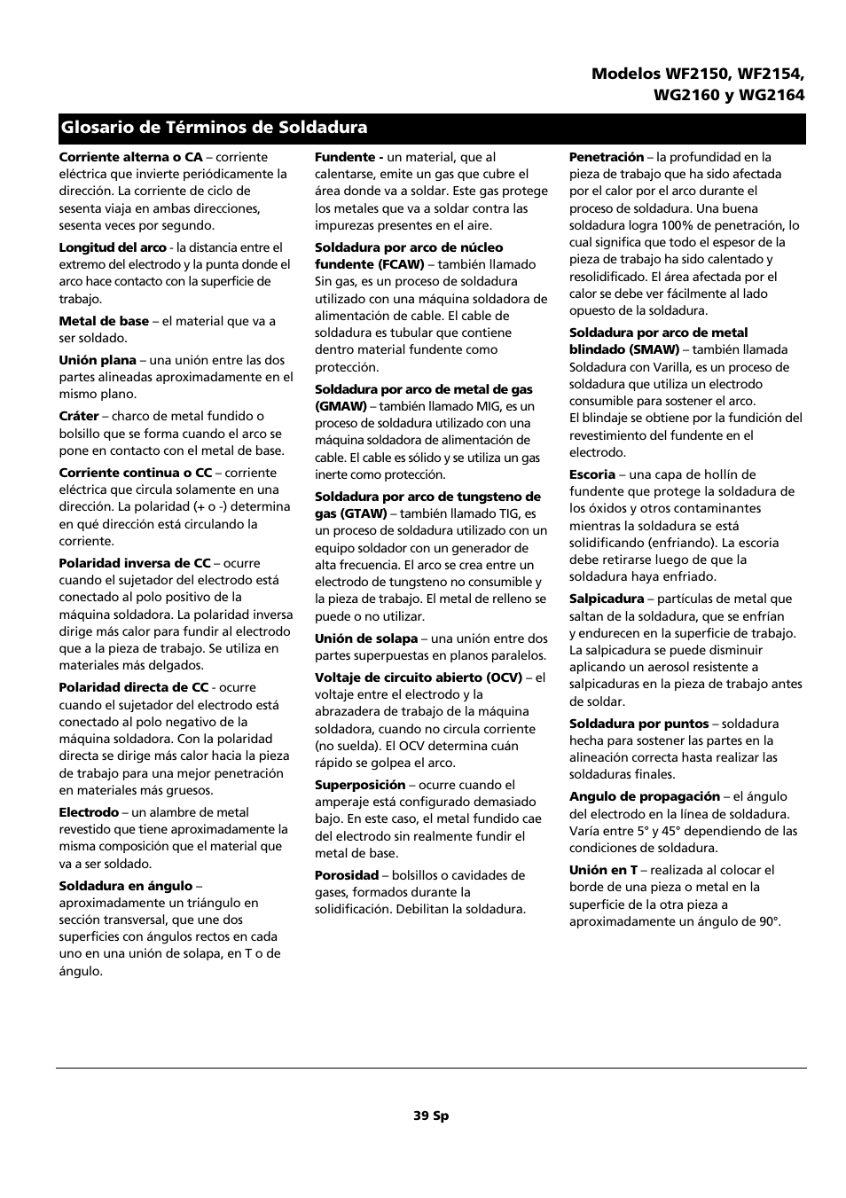 Glosario de términos de soldadura | Campbell Hausfeld WF2150 User Manual | Page 39 / 40