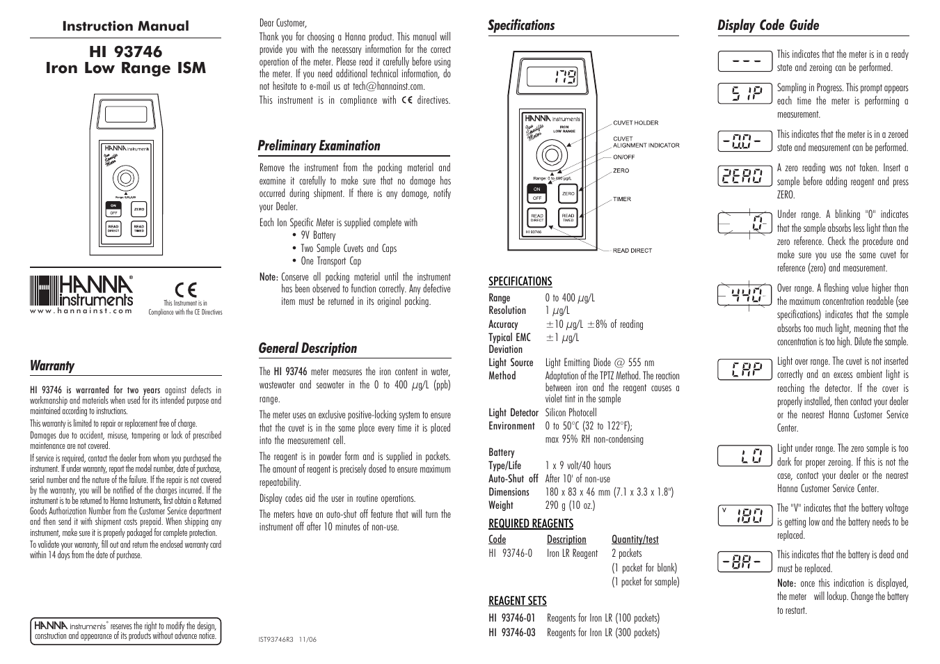 Hanna Instruments HI 93746 User Manual | 2 pages