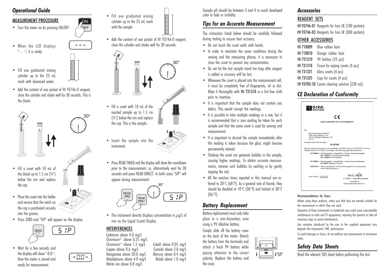 Accessories ce declaration of conformity, Safety data sheets | Hanna Instruments HI 93746 User Manual | Page 2 / 2