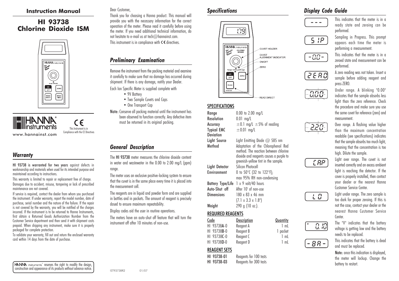 Hanna Instruments HI 93738 User Manual | 2 pages
