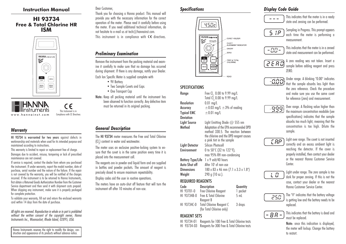 Hanna Instruments HI 93734 User Manual | 2 pages