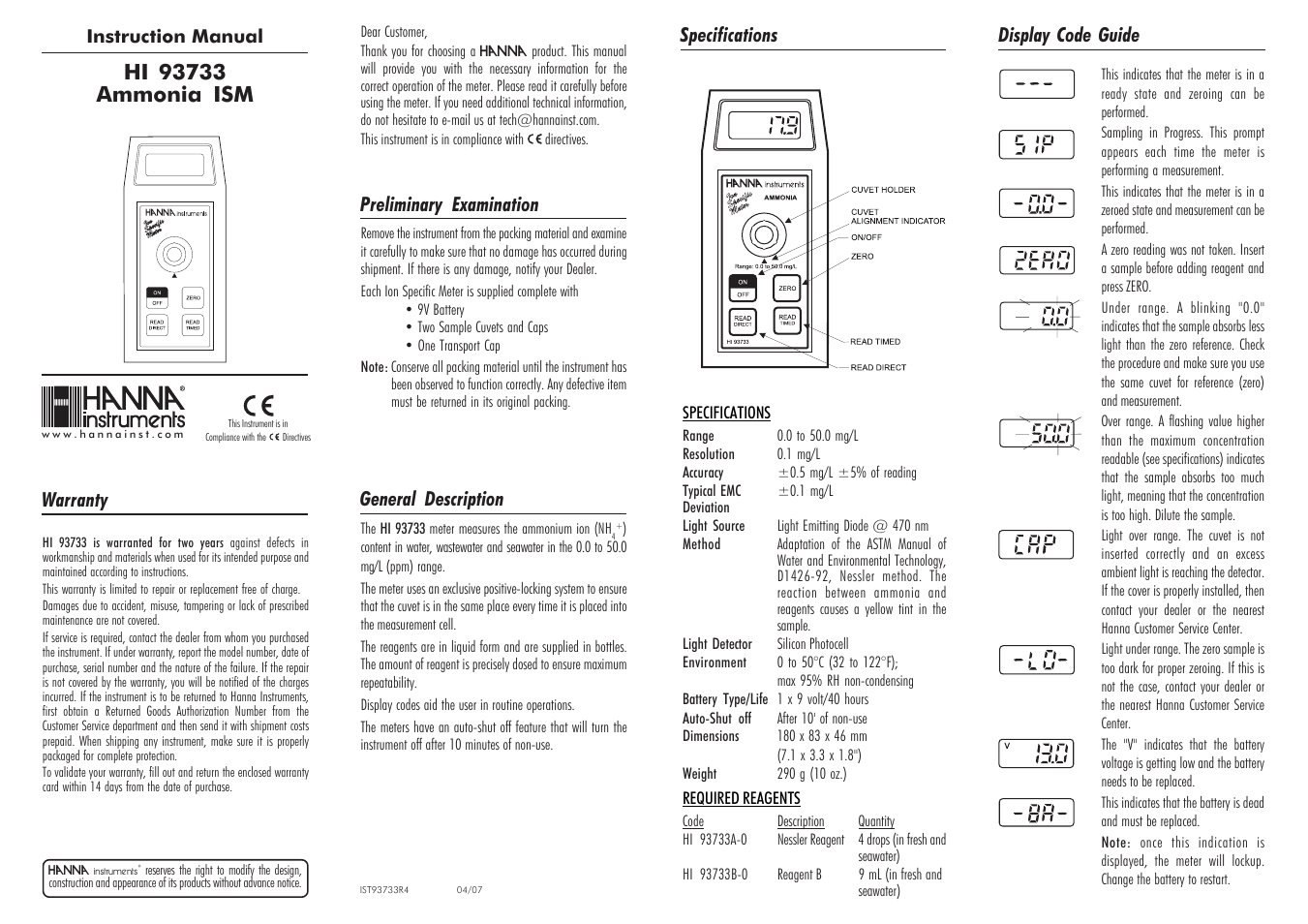 Hanna Instruments HI 93733 User Manual | 2 pages