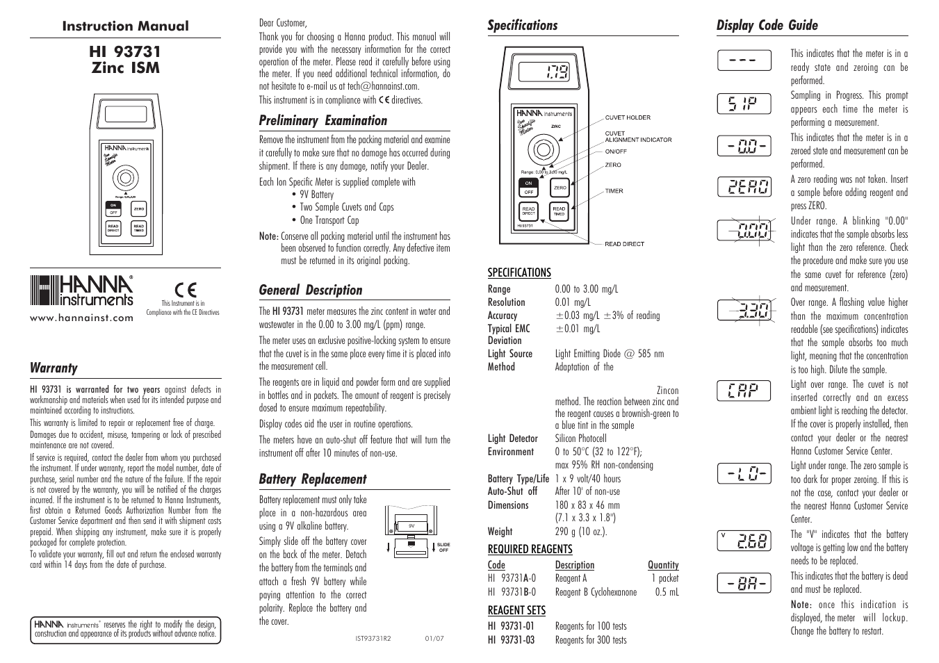 Hanna Instruments HI 93731 User Manual | 2 pages
