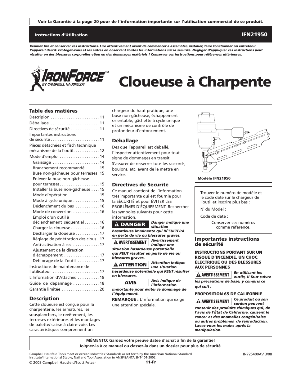 Cloueuse à charpente | Campbell Hausfeld IFN21950 User Manual | Page 11 / 32