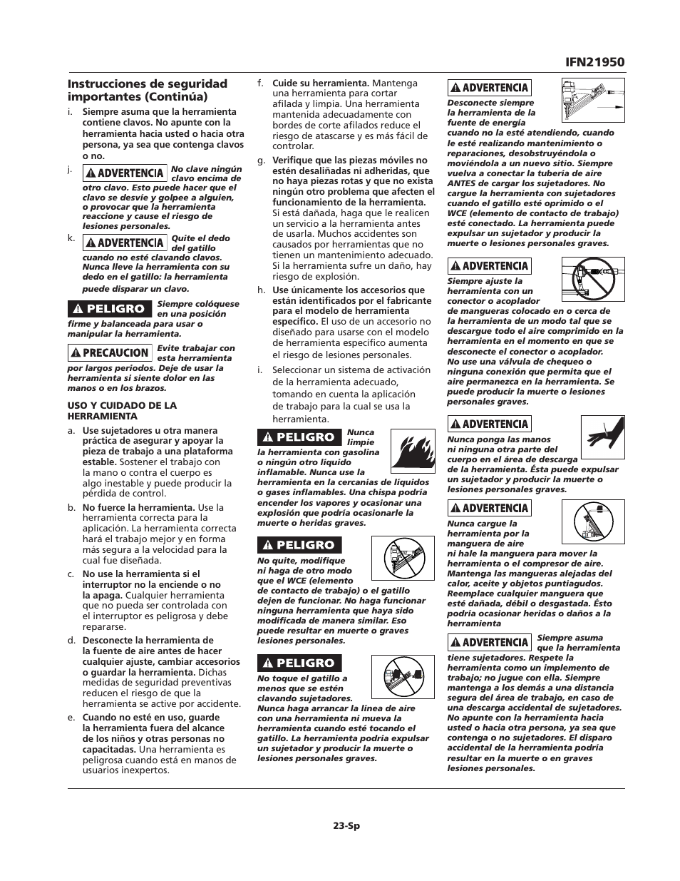 Instrucciones de seguridad importantes (continúa) | Campbell Hausfeld IFN21950 User Manual | Page 23 / 32