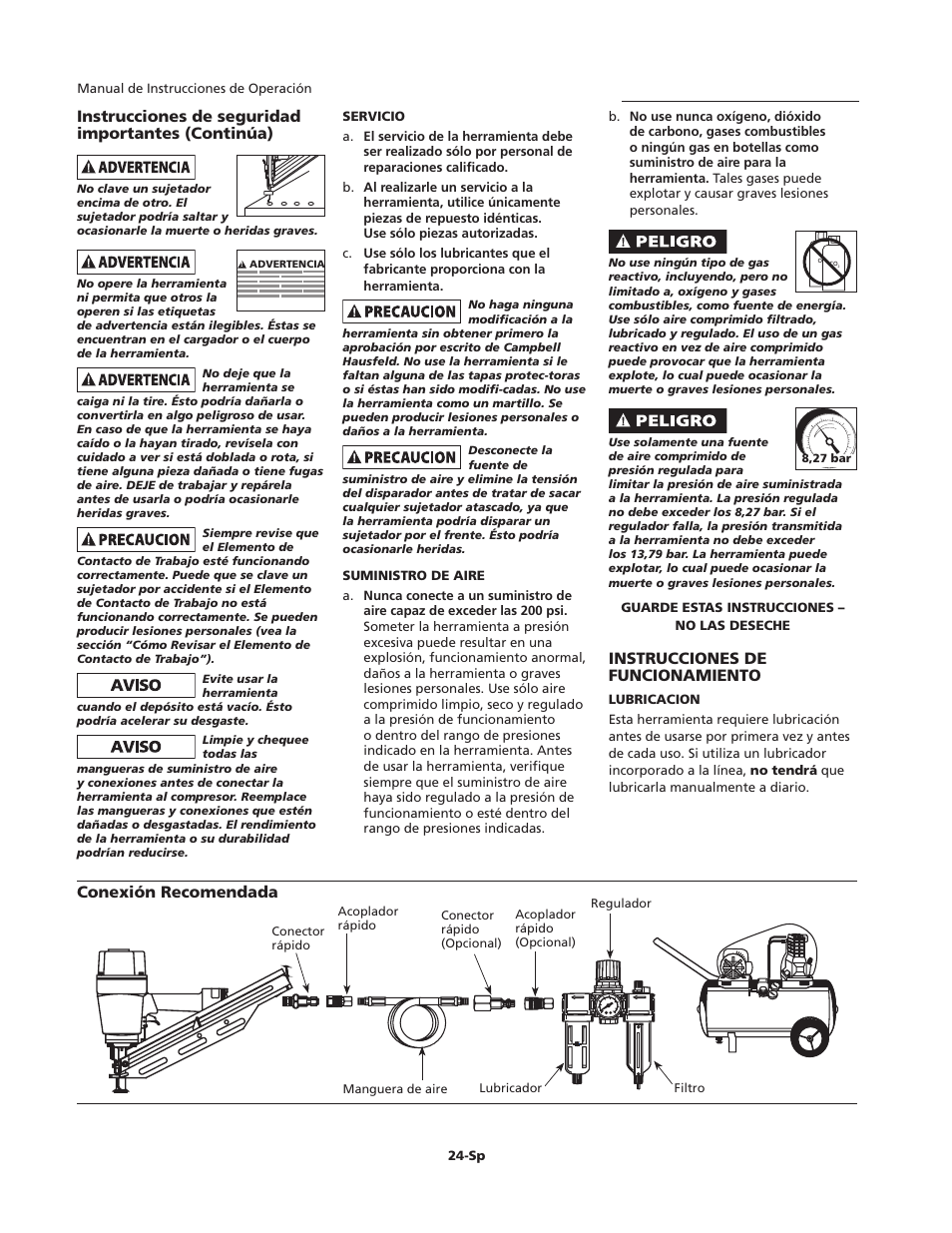 Instrucciones de funcionamiento | Campbell Hausfeld IFN21950 User Manual | Page 24 / 32