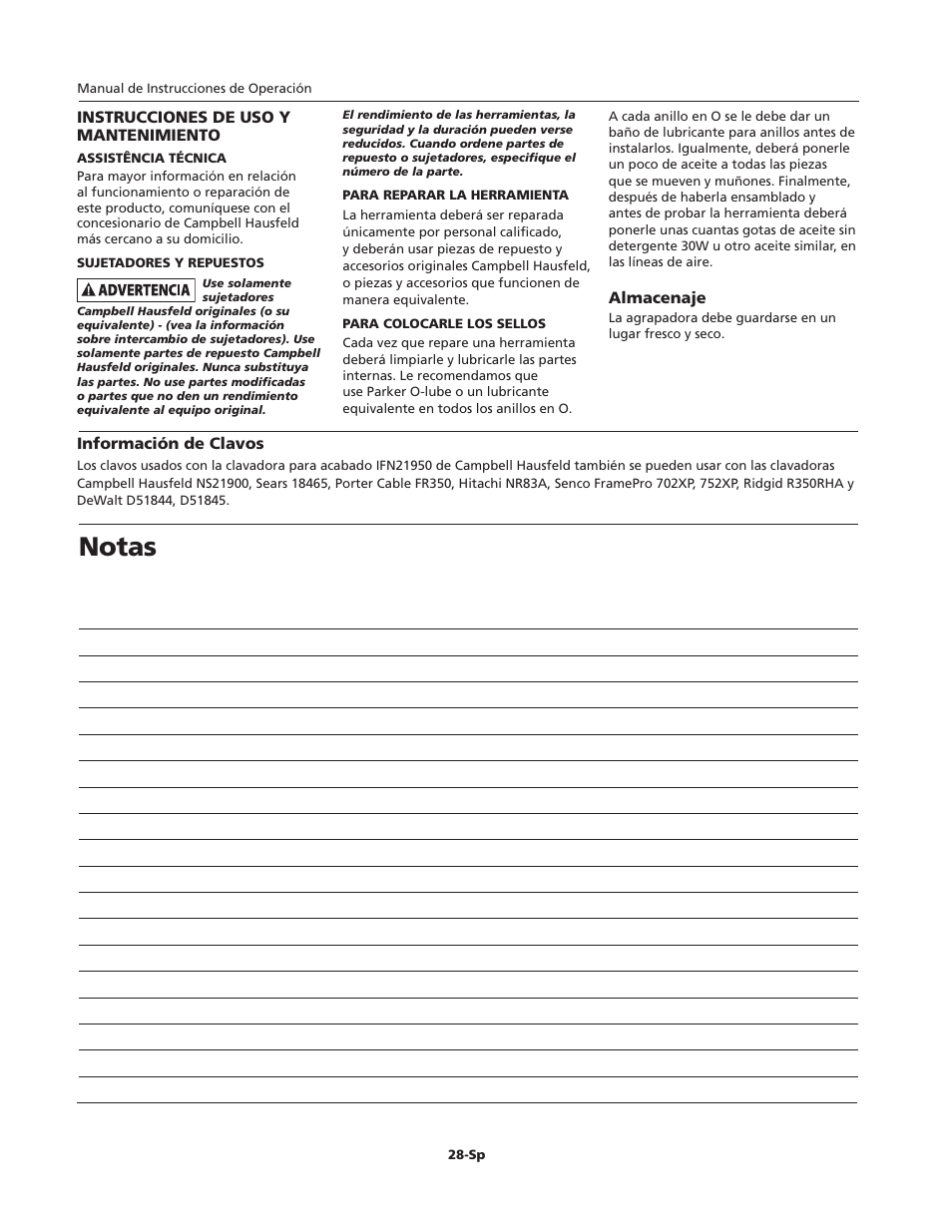 Notas | Campbell Hausfeld IFN21950 User Manual | Page 28 / 32