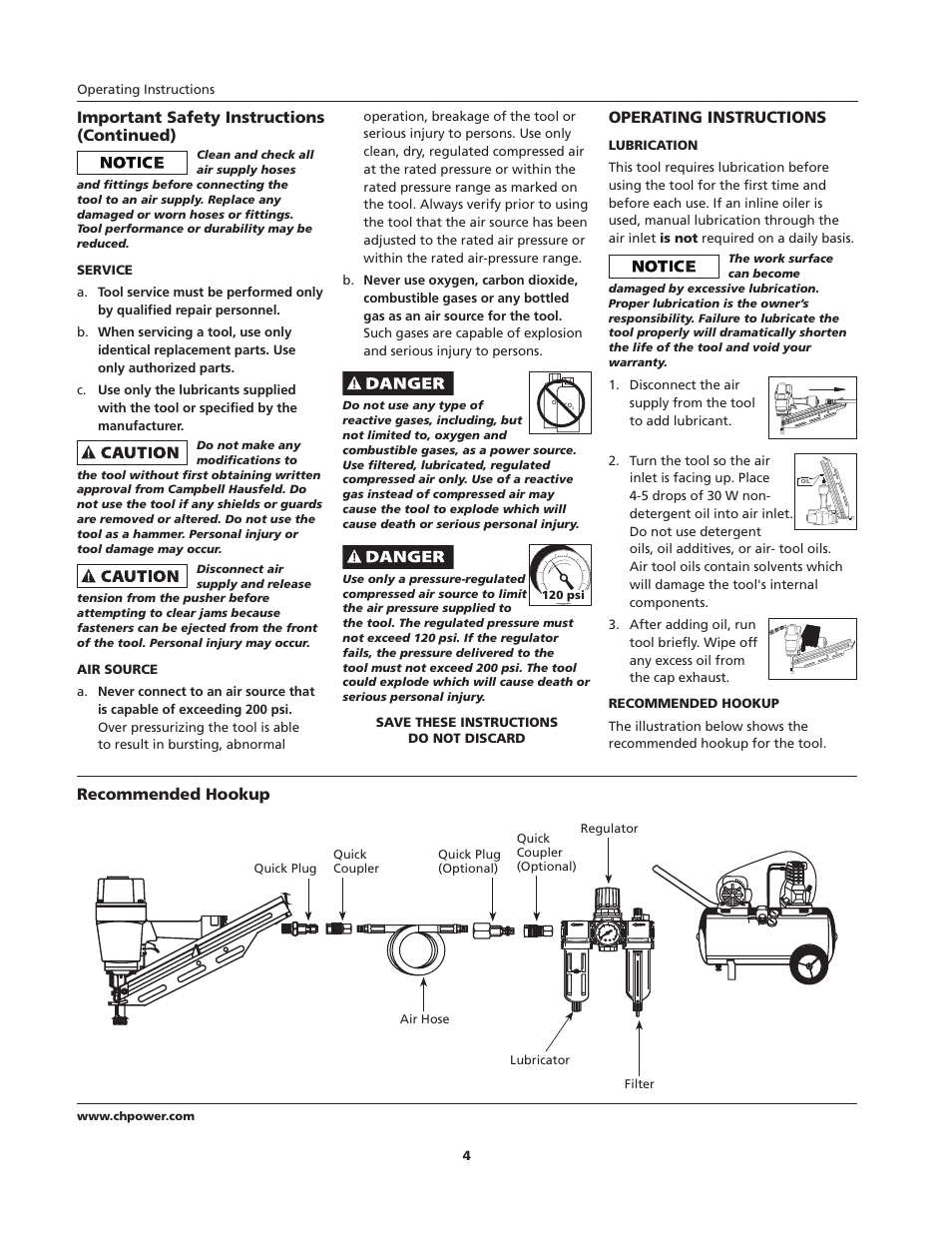 Important safety instructions (continued), Operating instructions, Recommended hookup | Campbell Hausfeld IFN21950 User Manual | Page 4 / 32