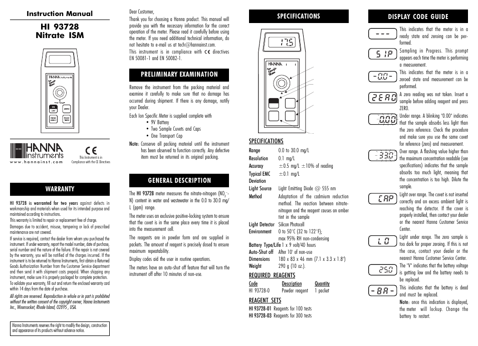 Hanna Instruments HI 93728 User Manual | 2 pages