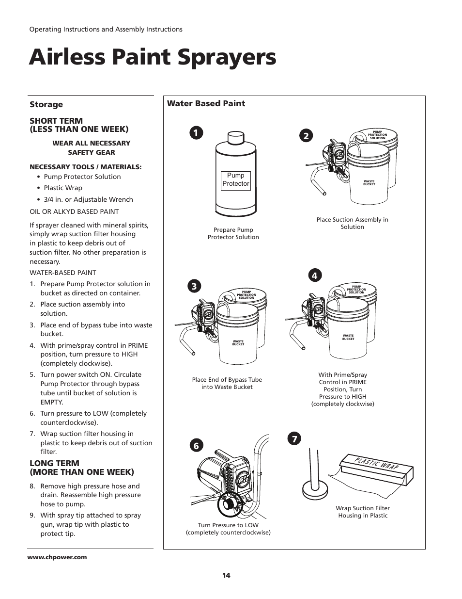 Airless paint sprayers, Storage short term (less than one week), Long term (more than one week) | Water based paint | Campbell Hausfeld PS120B User Manual | Page 14 / 24