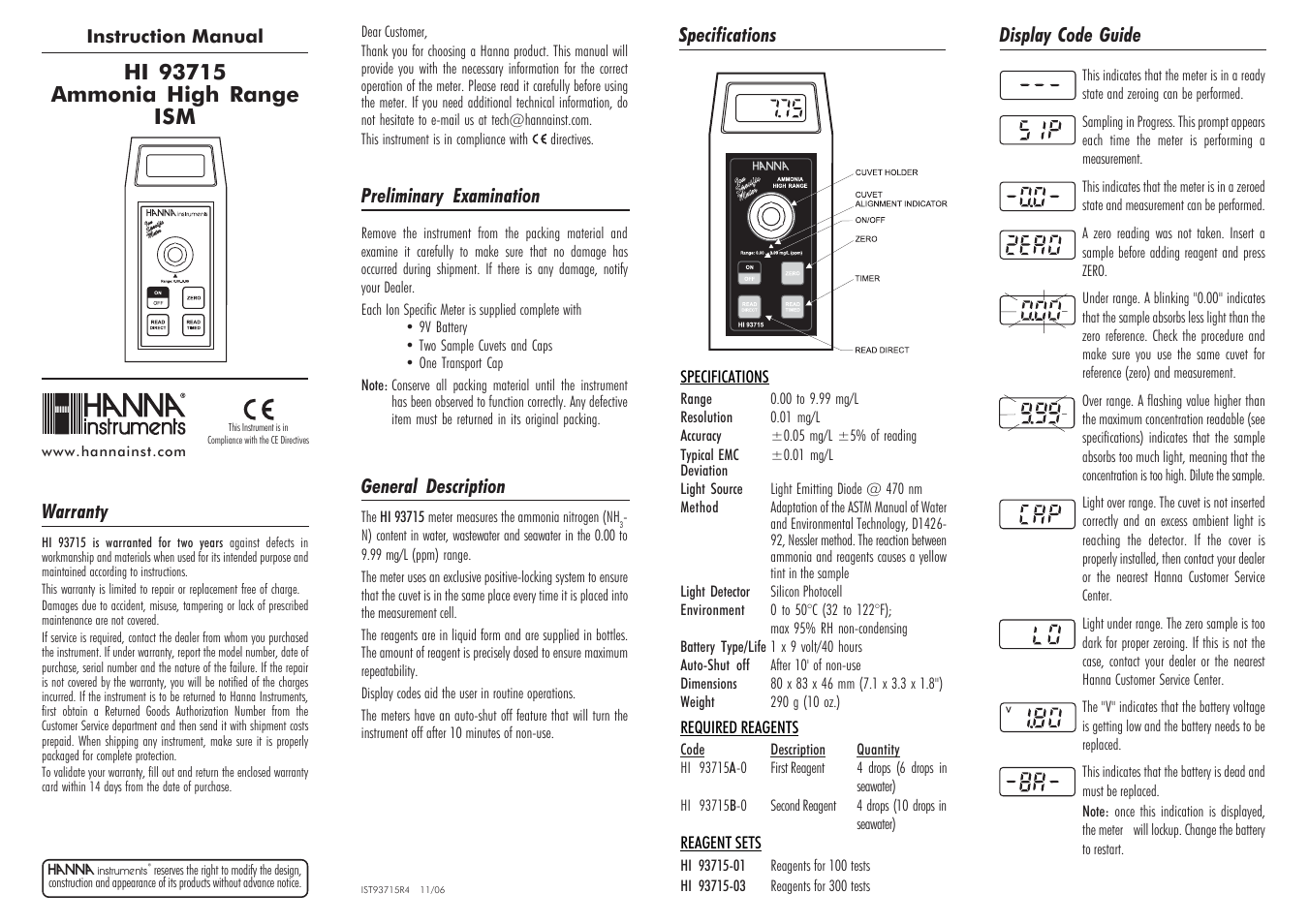 Hanna Instruments HI 93715 User Manual | 2 pages