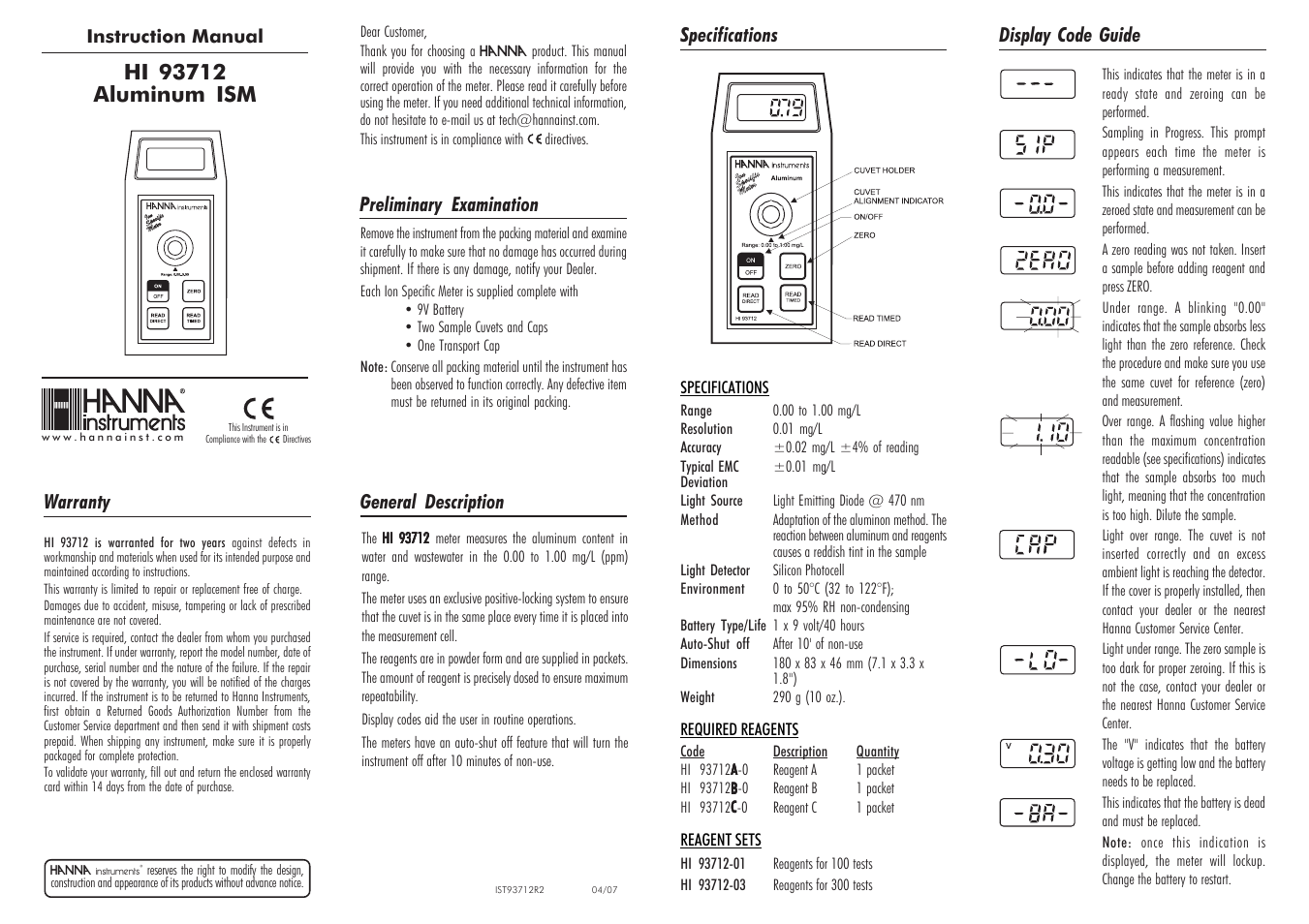 Hanna Instruments HI 93712 User Manual | 2 pages