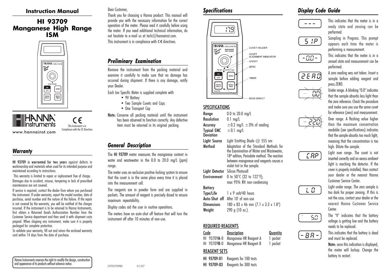 Hanna Instruments HI 93709 User Manual | 2 pages