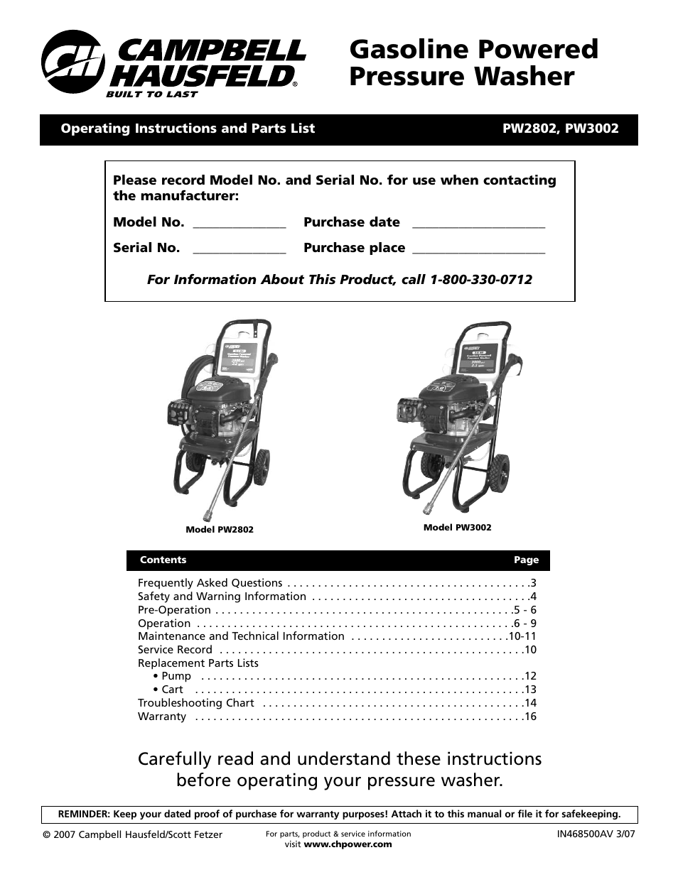 Campbell Hausfeld BUILT TO LAST PW3002 User Manual | 48 pages