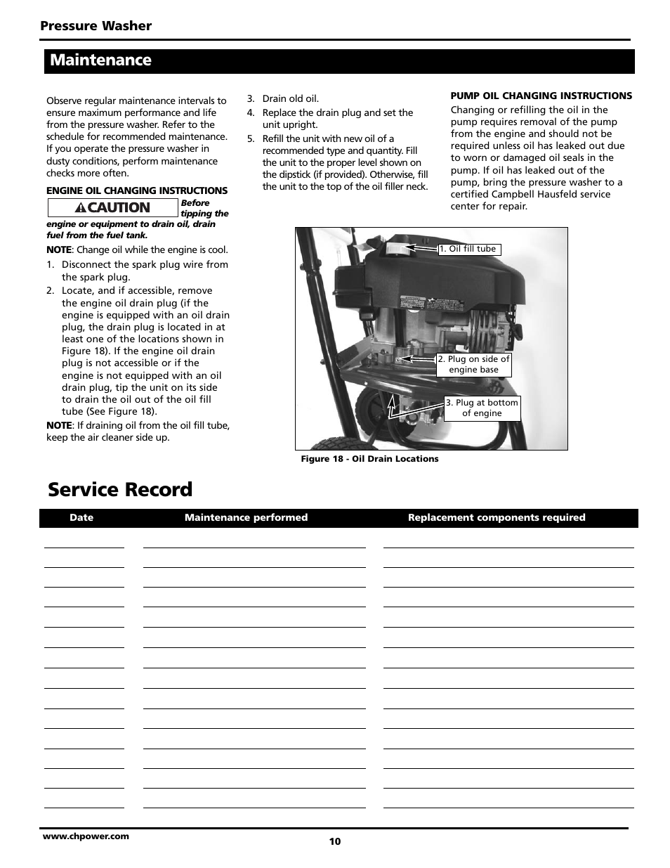 Service record, Maintenance, Pressure washer | Campbell Hausfeld BUILT TO LAST PW3002 User Manual | Page 10 / 48