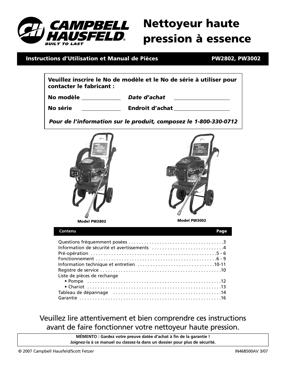 Nettoyeur haute pression à essence | Campbell Hausfeld BUILT TO LAST PW3002 User Manual | Page 17 / 48