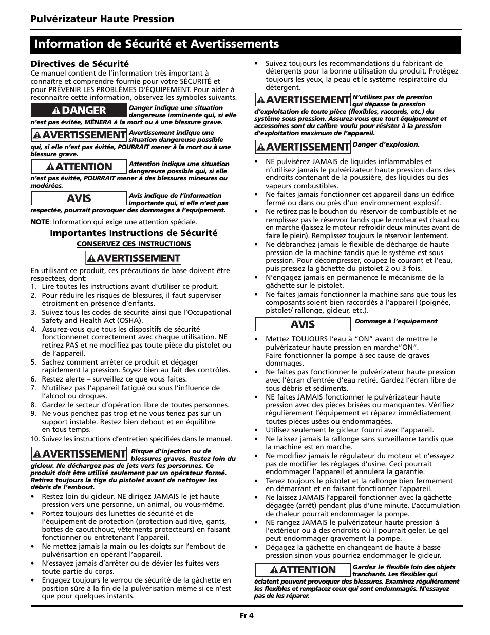 Information de sécurité et avertissements, Pulvérizateur haute pression | Campbell Hausfeld BUILT TO LAST PW3002 User Manual | Page 20 / 48