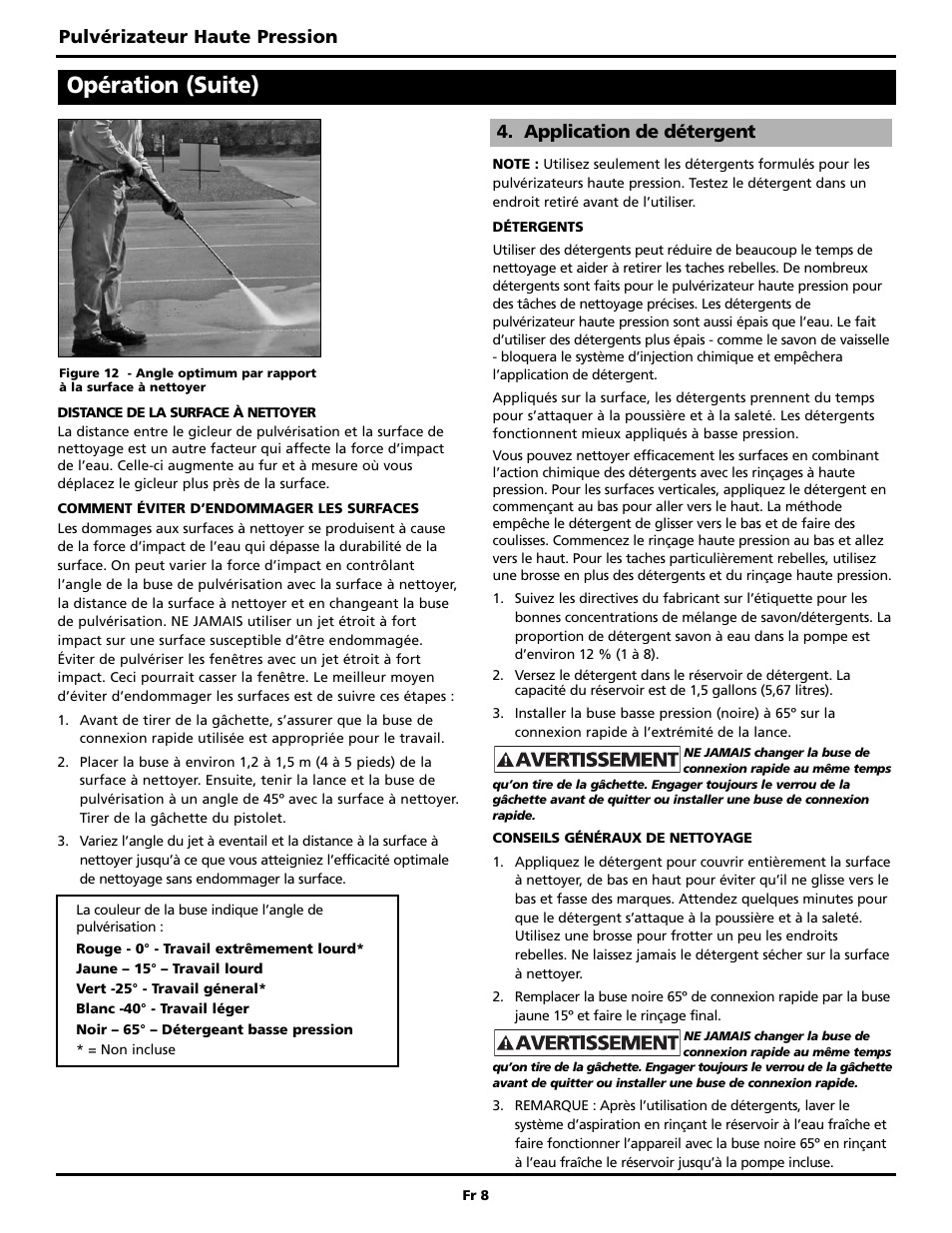 Opération (suite), Pulvérizateur haute pression, Application de détergent | Campbell Hausfeld BUILT TO LAST PW3002 User Manual | Page 24 / 48